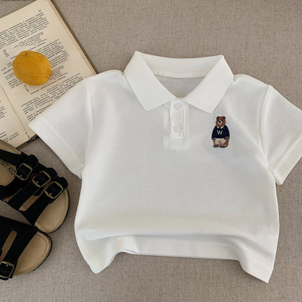 Children's Summer Polo Shirt Cartoon Bear Print Baby Collar Short Sleeve Unisex Kids' Fashion Top for Boys And Girls