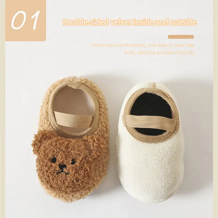 Cartoon Bear Baby Shoes Winter Thick Warm Newborn Shoes Non-slip Soled Soft Plush Toddler Kids Boy Girls Infant First Walkers