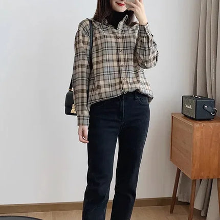 Korean Style 2024 Early Autumn Collection Loose Fit Vintage Hongkong Flair Plaid Striped Long Sleeve Shirt Women's Thickened Inn