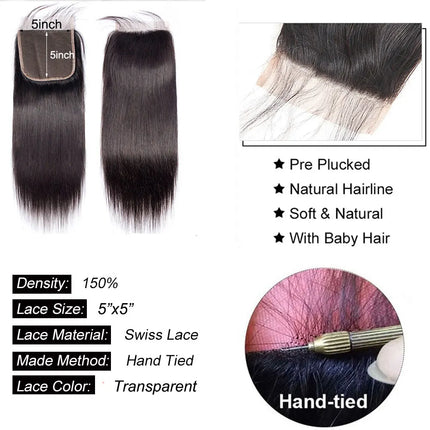 4x4 5x5 6x6 Lace Closure Human Hair Hand Tied Straight Transparent Lace Closure Brazilian Human Hair Length 12 inch to 24 inch