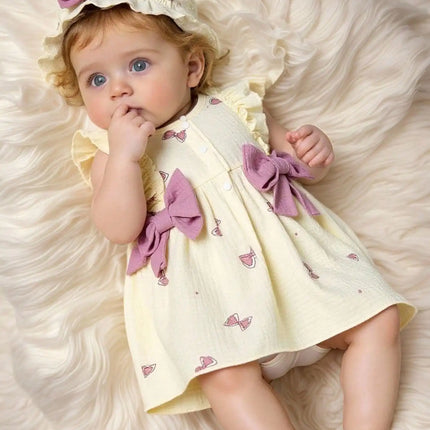 100% Cotton Newborn Baby Girl Dresses 0-9 Months Infant Cute bow print Dress +Hat 2PCS Set Summer Sweet Outfit Baby Clothing