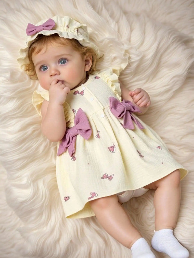 100% Cotton Newborn Baby Girl Dresses 0-9 Months Infant Cute Bow Print Dress + Hat 2PC Set Summer Sweet Outfit Baby Clothing