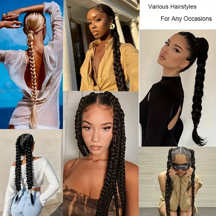 24inch Braided Ponytail for Women Long Straight Braids Ponytail with Rubber Band Synthetic Wrap Around Braid Horse Tail Extensio