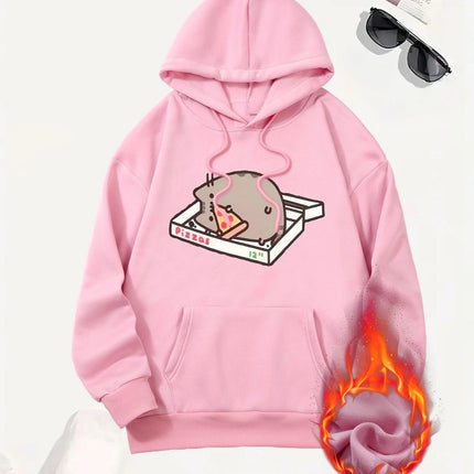 Cat and Pizza Cartoon Print 2025 Autumn Winter Women's Hoodie Top Round Neck Long Sleeve New Women's Sweatshirt Clothing