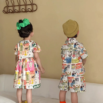 RAISE Children Summer Shirts Outfits Boys Vacation Suit 2026 Kids Girls Print Dress Brother Sister Outfits Siblings Matching Set