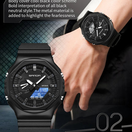 SANDA 3167 Top New Style Men's Casual Military Outdoor Sport Wrist Watch Quartz 50M Waterproof Fashion Dual Display Men's Watch