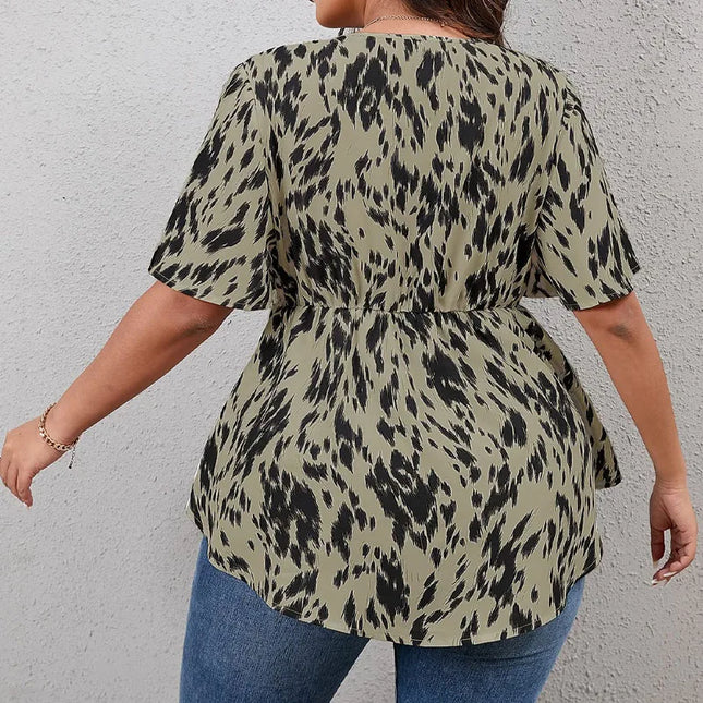Plus Size Women's Shirts, All-Over Printed V-Neck Short-Sleeved Shirts, Elastic Waist Summer Casual Tops