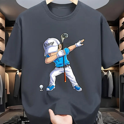 Men's Summer 100% Cotton Fashion Sports Casual Loose Golf Player Pattern Printed Round Neck Short Sleeve T-shirt Top