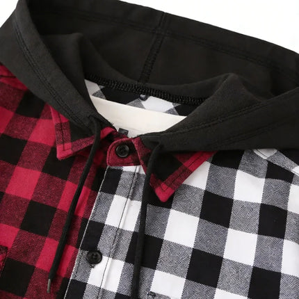 New Men Hooded Plaid Shirt Men Clothes Fashion Big Pocket Design Spring Autumn Long Sleeve Casual Shirt Tops
