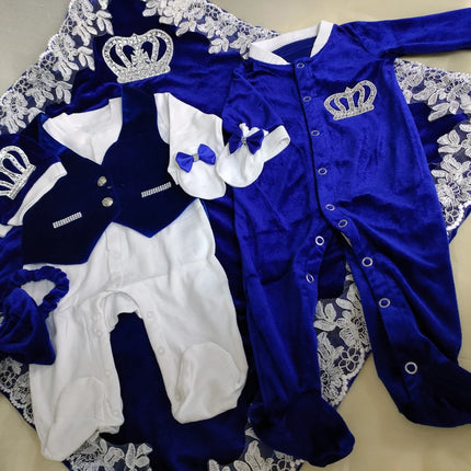Royal Blue Velvet Baby Romper Outfits Set Welcome Home Nursery Infant Nest Luxury Crown Receiving Blanket Outfit Set