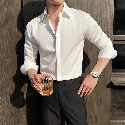 Men's White Long-Sleeve Dress Shirt - Slim Comfortable Fabric. Ideal for Formal Events & Everyday Wear. Classic & Modern Design