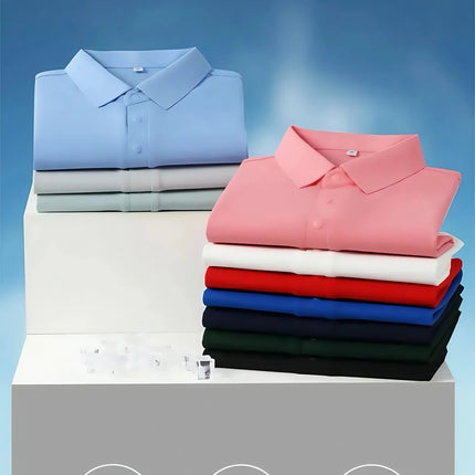 6XL Anti-Wrinkle Pearl Weave Cool Feeling Solid Color Polo Shirt Seamless Collar Four Button Men's T-Shirt Summer Breathable