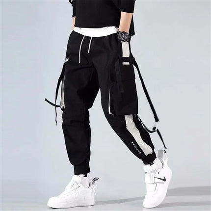 Men's Cargo Pants Casual Hip Hop Hit Color Multiple Pockets Trousers Streetwear Black Punk Ribbons Techwear Sweatpants Boys