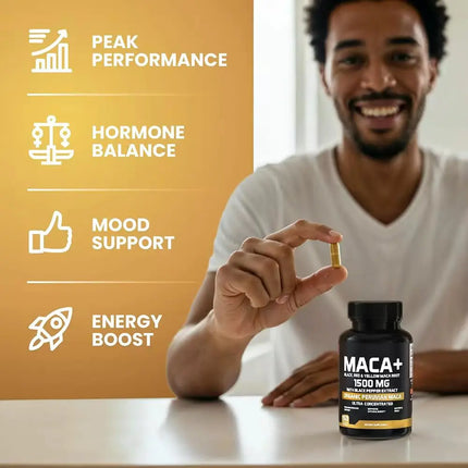 Organic Maca Root Powder Capsules 1500mg with Black Pepper Extract & Maca Root Extract, Energy & Mood Supplemet for Men & Women