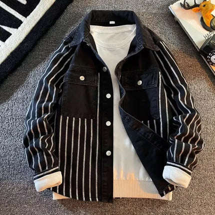 2024 New Spring and Autumn Youth Collection Commuting and Leisure Versatile Contrast Stripe Pocket Long Sleeved Men's Shirt Top