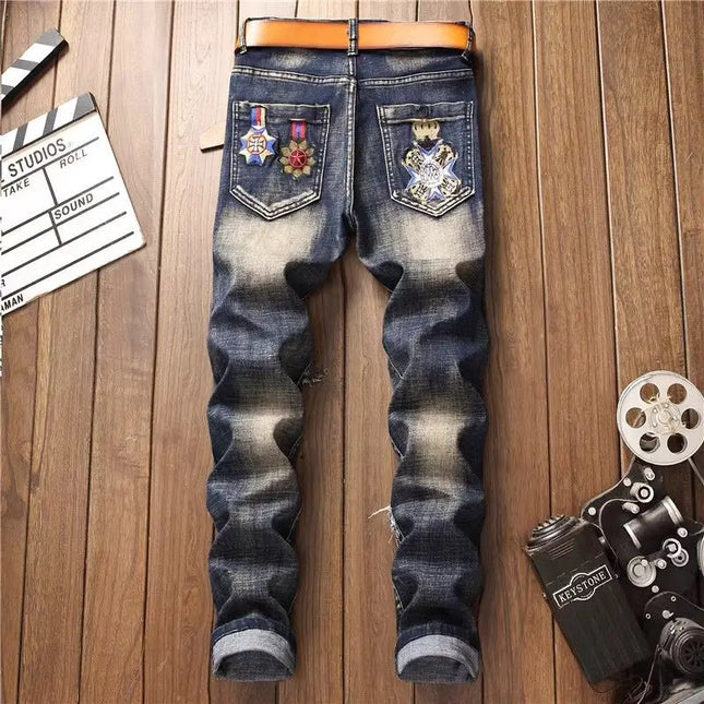 New Korean Luxury Clothing Multi-ripped Jeans Men's Patch Slim Retro Style Fashion Personality Badge Beggar Cargo Trousers Man