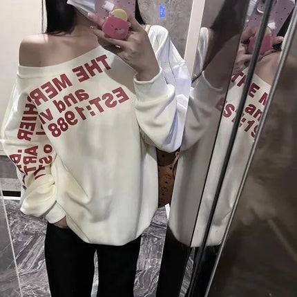 Sexy Oversized T-shirt Women Streetwear Letter Print Skew Collar Off Shoulder Long Sleeve Basic Top Korean Fashion Loose T-shirt