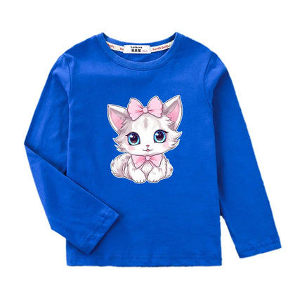 2024 Cute Bow Cat Dress Baby Girl Long Sleeved T-shirt Cartoon Kitty Cotton Tops Girls Spring Leisure Tees 3-14 Age