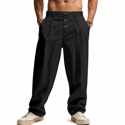 Men's Boho Linen Blend Wide Leg Pants High Waist Drawstring Button Fly Loose Fit Trousers with Side Pockets