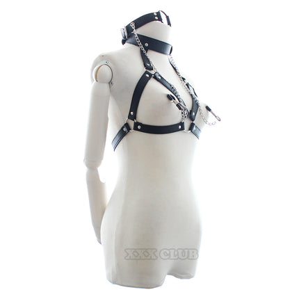 Thierry PU Leather Bondage Restraints O Ring Gag with Nipple Clamps,open bra with Collar Fetish Adult Games Sex Toys for Couples