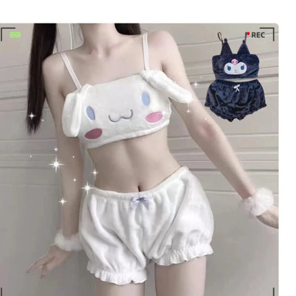 Sanrio Anime Kawaii Cartoon Winter Mymelody Kuromi Sweet Pajamas Comfortable Velvet Underwear Set Suspenders Tube Top Girls
