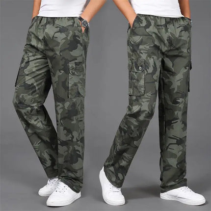 Men's casual camouflage work pants with multiple pockets, outdoor sport pure cotton straight-leg long pants, loose fit for work