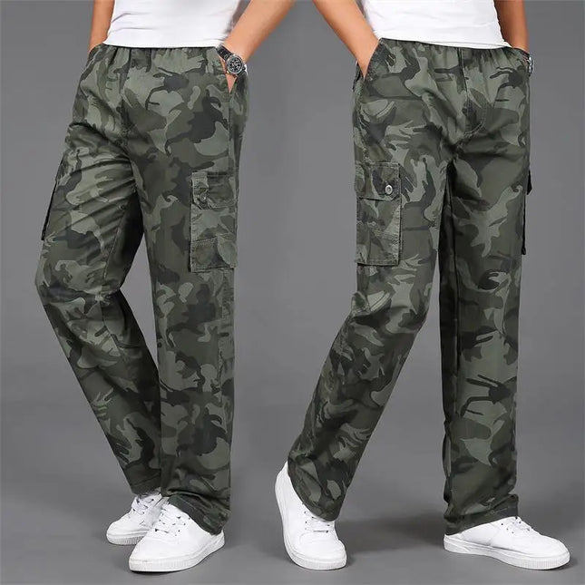 Men's casual camouflage work pants with multiple pockets, outdoor sport pure cotton straight-leg long pants, loose fit for work
