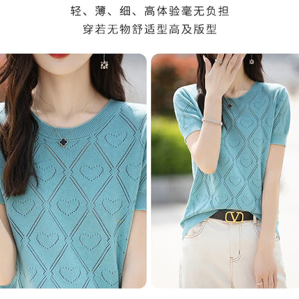 New Summer Fashion 100% Pure Cotton Women's Sweater Short sleeved Casual O-neck Pullover T-shirt Loose Knitted Hollow Top