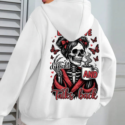 Expensive Talks Back Coffee Butterfly Skulls Print Women Hoody Autumn Hoodies Casual Loose Pullover Jogging Pocket Sportswear
