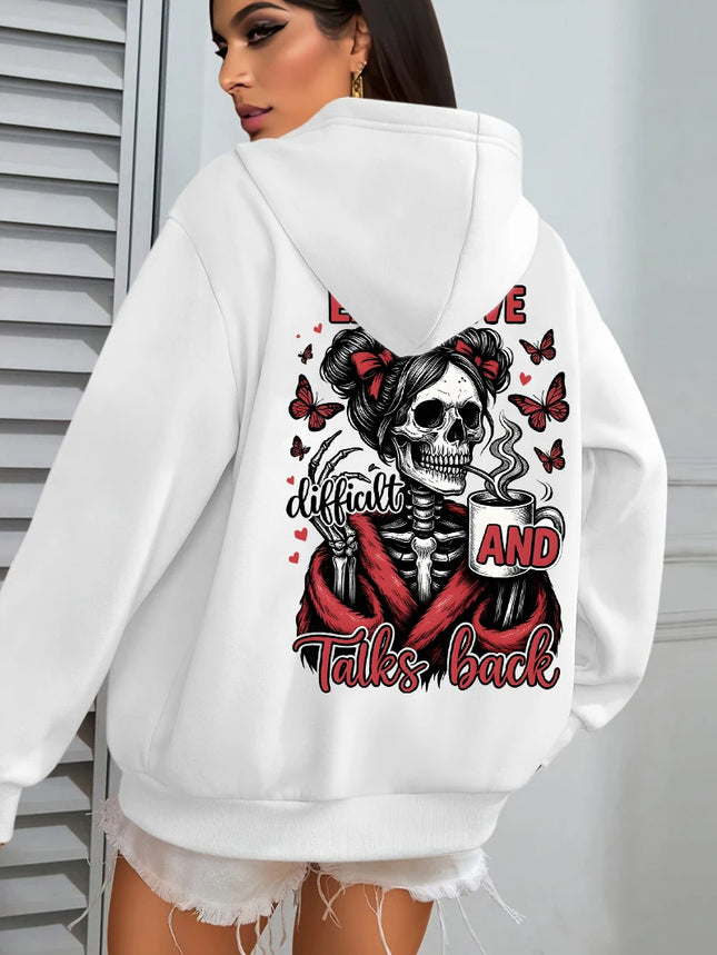 Expensive Talks Back Coffee Butterfly Skulls Print Women Hoody Autumn Hoodies Casual Loose Pullover Jogging Pocket Sportswear