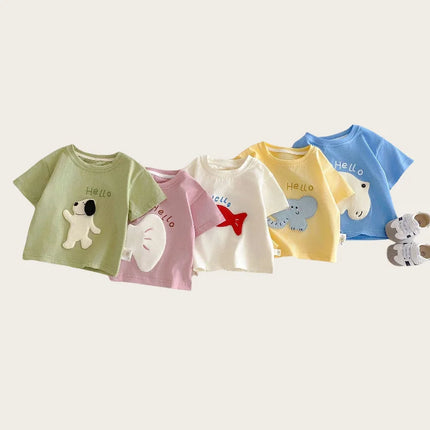2026 New Summer Kids Clothes Cute Cartoon Patch Short Sleeve T-shirt 0-5Y Girls Boys Letter Print Casual Soft Undershirt