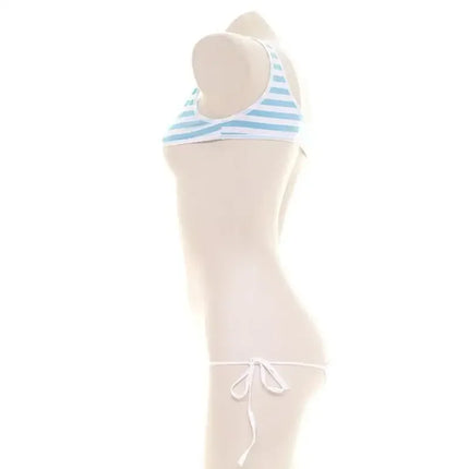 Blue White Stripe Bikini Set Women Swimsuit Striped Halter Micro Bikini Set Lolita Kawaii Swimsuit Backless String Tied Bathing
