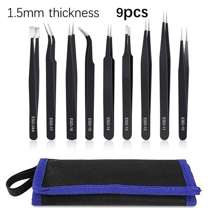 Precision ESD Anti-Static Tweezers Tool 6-10pcs Stainless Steel, 1.5MM Thick, for Electronics Repair Craft Modeling DIY Nail Art