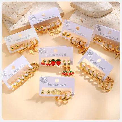 Vnox 6pcs/set Stainless Steel Stud Hoop Earrings Simple Classic 18K Gold Plated Earrings For Women Holiday Jewelry Set Wholesale
