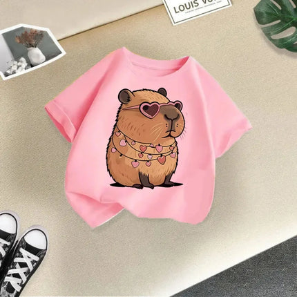 Summer Cartoon Capybara Pattern Print Children's Short-Sleeved Shirt Kid Fashion Cotton T-shirt Boy Girl Comfortable Top Clothes