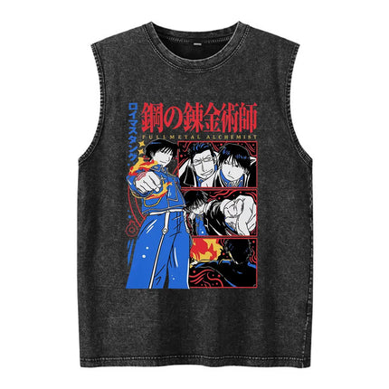 Anime Fullmetal Alchemist Vintage Washed Tank Tops Funny Manga Brotherhood Eyes T-shirts Fashion Casual Sleeveless Vest T-shirts