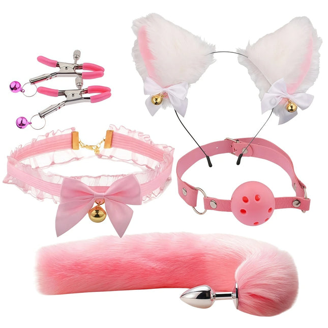 5-in-1 Fox Tail Butt Plug Set Cat Ears Headband Choker Ball Gag Nipple Clamps BDSM Cosplay Pet Play Accessories for Couples