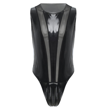 Mens Wet Look Patent Leather Bodysuit Sleeveless Mesh Patchwork Buttoned Crotch Leotard Jumpsuit Clubwear Pole Dance Costumes