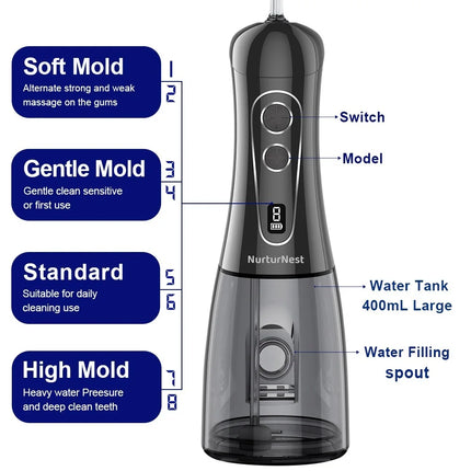 Oral Irrigator Portable Dental Water Flosser Rechargeable Water Jet Floss Tooth Pick 5 Jet Tips  8 Modes large capacity 400ml