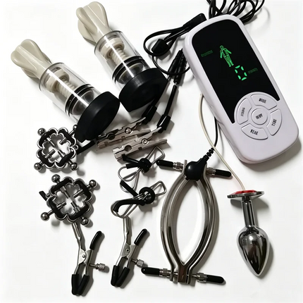 Female Labium Clamps Metal Nipples Clips Clitoris Breast Sucker Pumps 6 Modes Electric Shock Anal Butt Plug Sex Toys for Women
