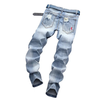 New Men's Personalized Ripped Jeans Light Blue Streetwear Stretch Straight Slim Fit Casual Motorcycle Denim Trousers Male