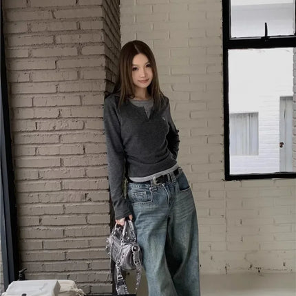 2024 Autumn Winter Long Sleeves Korean Fashion Style O-neck T-shirt For Women Fake Two-Piece T-shirts Ladies Top Tee Clothes
