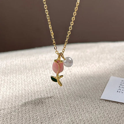 2025 Trendy Fashion Pink Tulip Necklace Earrings Women's Set Temperament Party Sweet Simple Jewelry Set Accessories Gifts