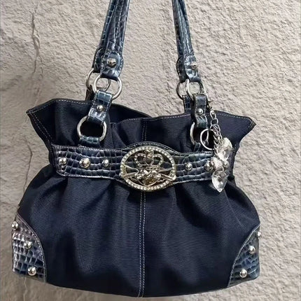 Luxury Women Rivet Handbag,Y2k Girls Metal Studded Underarm Shoulder Bag,Niche Belt Buckle Commuter Chic East-West Tote Bag