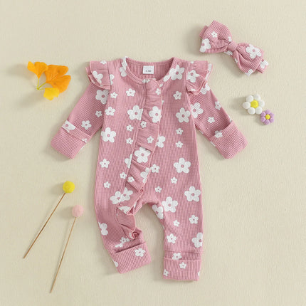Toddler Baby Girl Floral Jumpsuit with Headband 2Pcs Clothing Knitted Set Children Long Sleeve Bodysuits Kids Sleepwear Overall