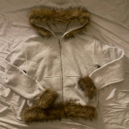 2026 New Arrival Women Faux Fur Trim Zip Up Hoodie Heather Grey Oversized Loose Fit Y2K Streetwear Casual Daily Wear