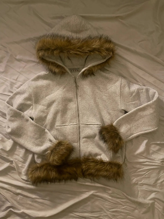 2026 New Arrival Women Faux Fur Trim Zip Up Hoodie Heather Grey Oversized Loose Fit Y2K Streetwear Casual Daily Wear