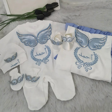 Dollbling Hospital Exit 5pcs Embroidery Name Newborn Angle Wings Romper Blanket  Nursery Bedding Swaddle Handmade Infant Outfit
