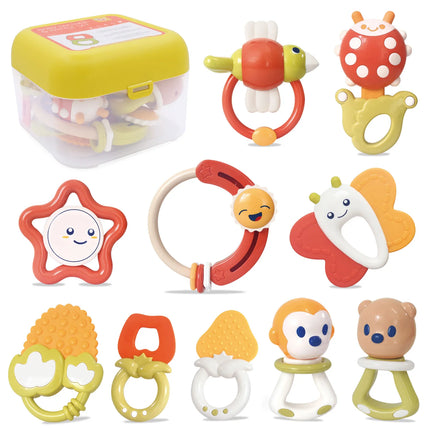 10PCS Baby Rattle 0-12 Months Newborn Soft Bell Teether Hand Shaking Crib Mobile Ring with Storage Box Educational Gift Toy
