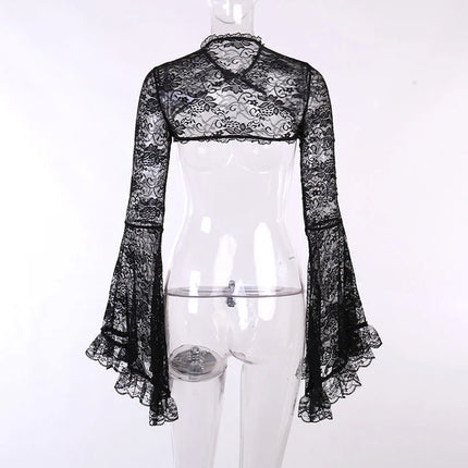 Women's Hollow Out Crop Tops Chic Gothic Lace Smock Tops False Collar Ladies Flare Sleeves Cover-Ups for Dating Party